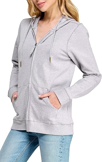 Women's Slub Knit Full-Zip Hoodie, Textured CottonZip-Up T-Shirt Hoodie for Women